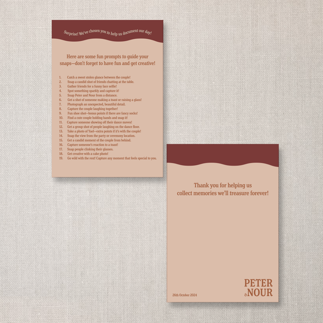 A set of two printed cards with event prompts and a thank you message on a beige cloth background. One card has fun photo prompts, and the other says 'Thank you for helping us collect memories we'll treasure forever!' with the names Peter and Nour an