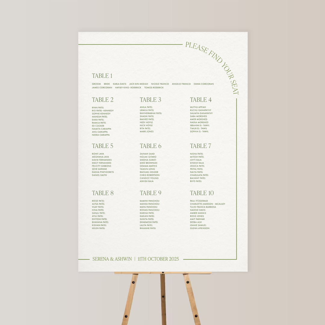Wedding seating plan with tables numbered 1 to 10, listing guest names, and a message at the top to find the seat. The names are organized in columns under each table, with the date '11th October 2025' at the bottom.