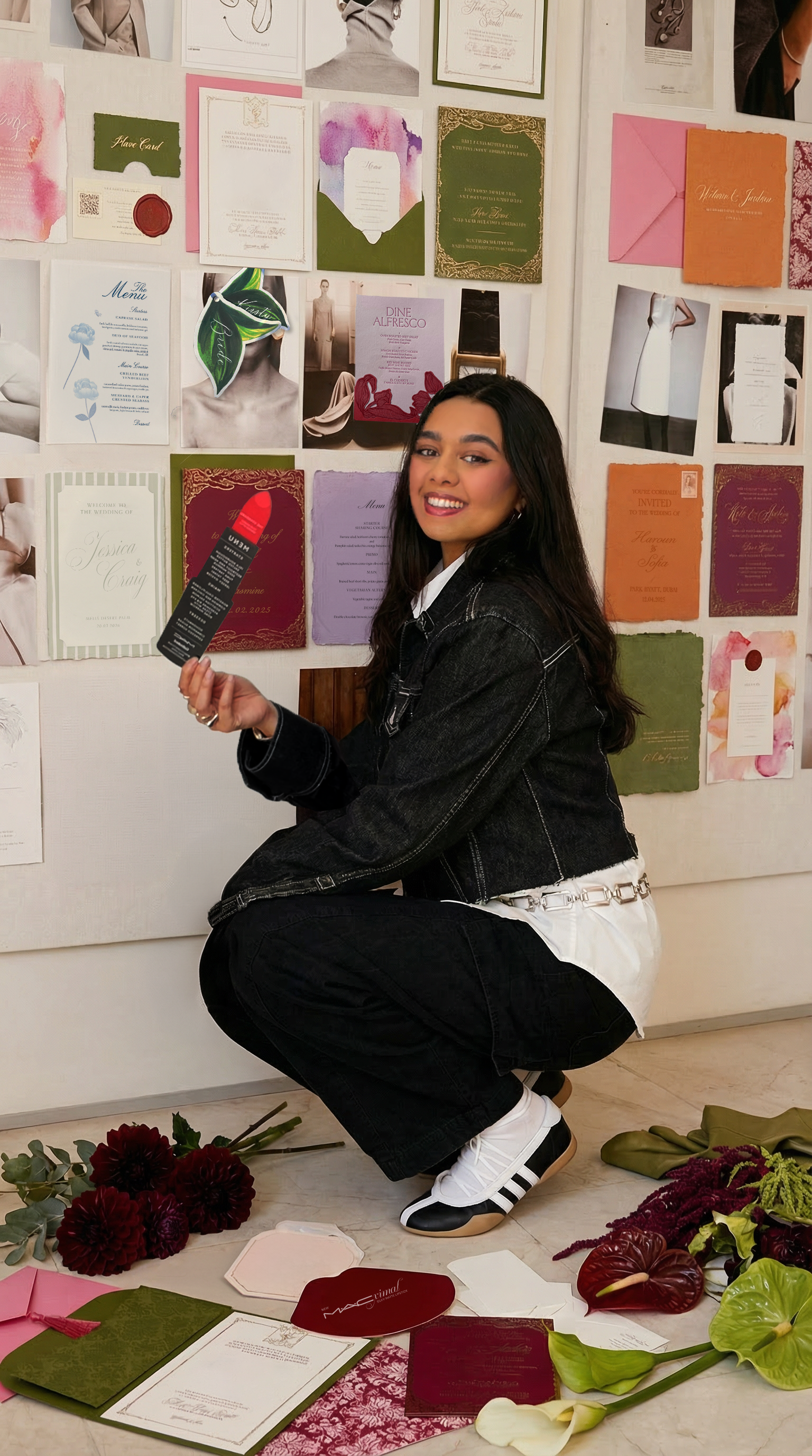 A young woman crouching in front of a wall covered with wedding invitation and event posters, holding a black-and-red card, with flowers and invitation materials on the floor.