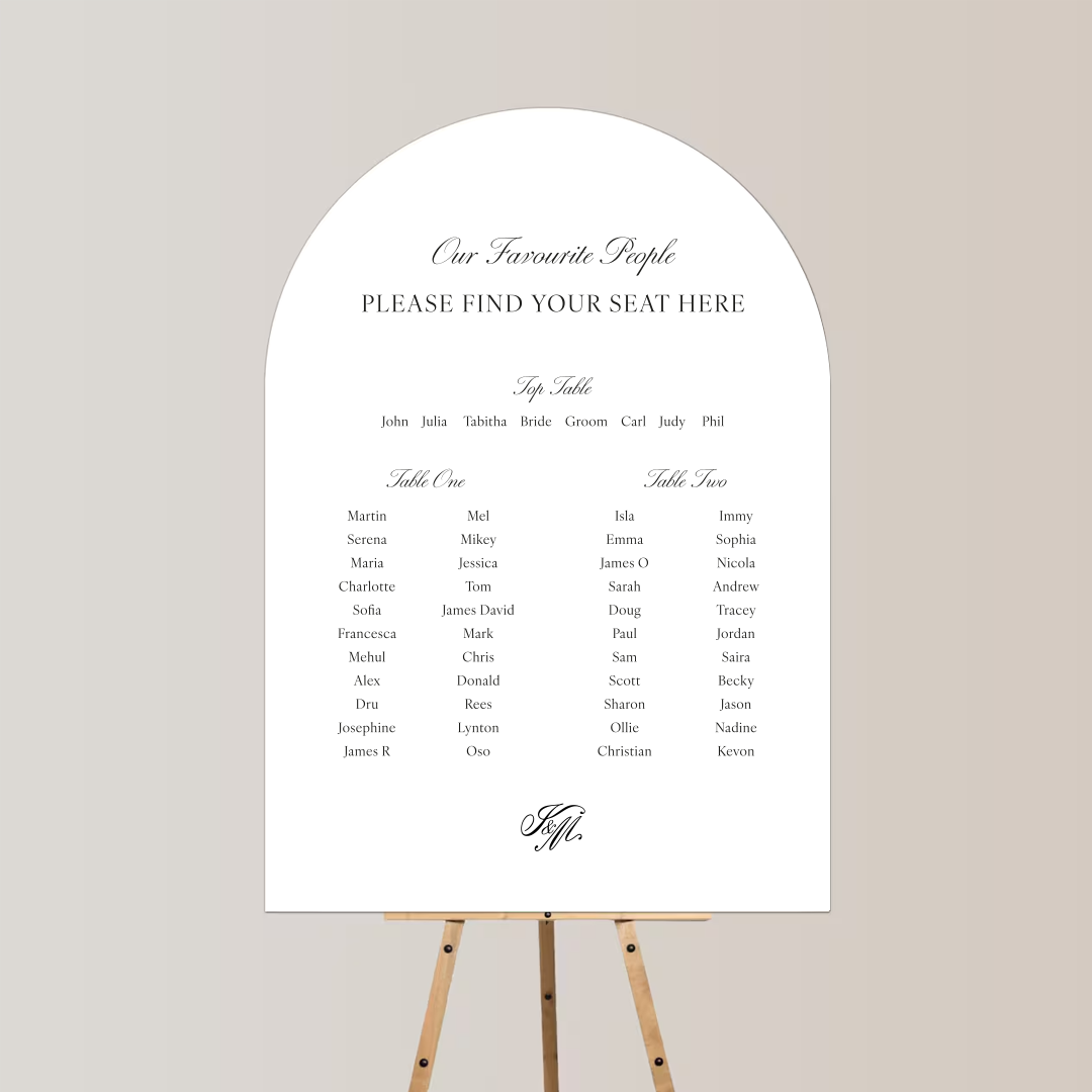 A wedding seating chart on an easel, featuring a list of names divided into sections for top table, and Table One and Table Two.