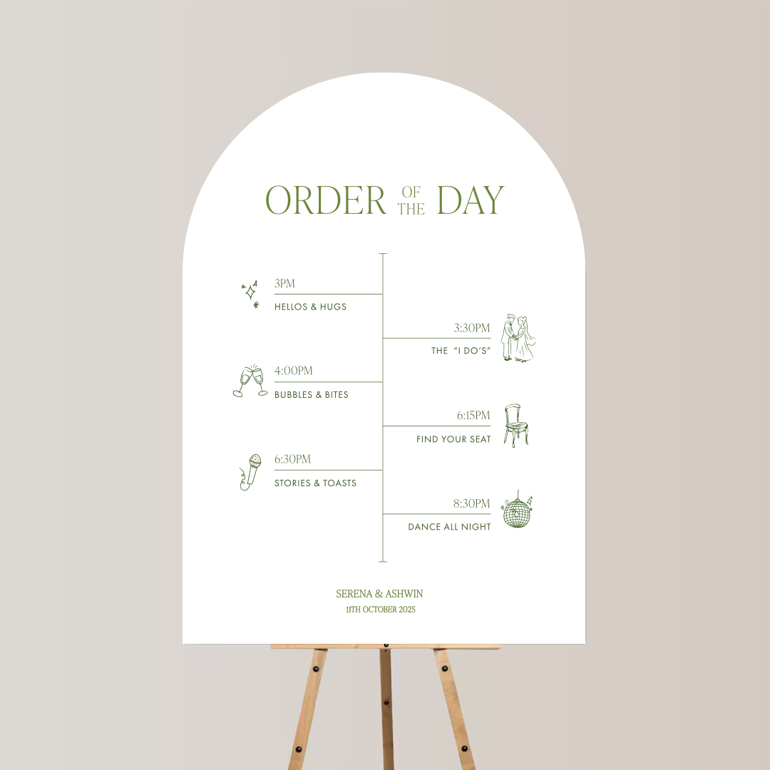 Event schedule poster with a white background and green text, listing activities such as Hello & Hugs at 3 PM, Bubbles & Bites at 4 PM, Stories & Toasts at 6:30 PM, The "I Do's" at 3:30 PM, Find Your Seat at 6:15 PM, and Dance All Night at 8:30 PM. T