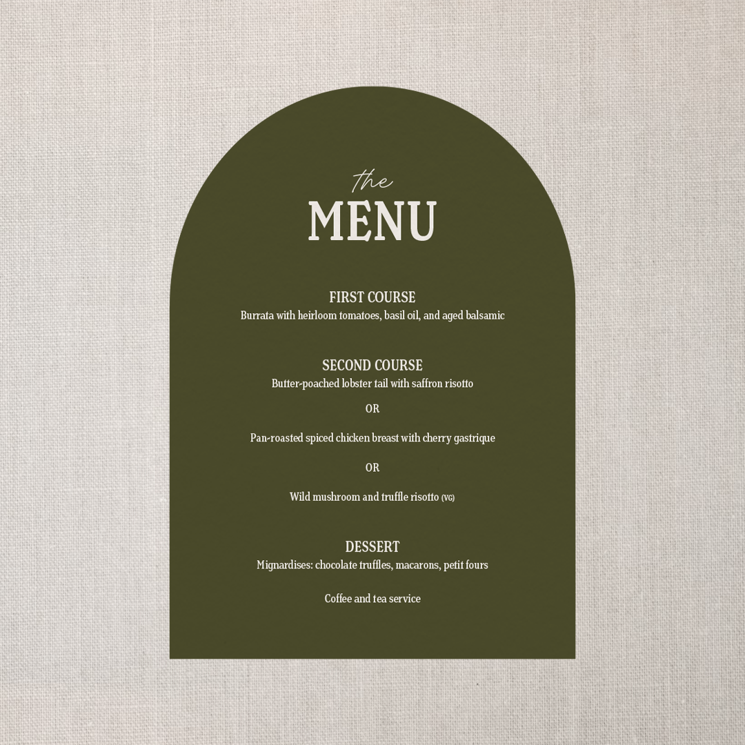 A restaurant menu listed on a dark green arch-shaped card with a beige textured background.