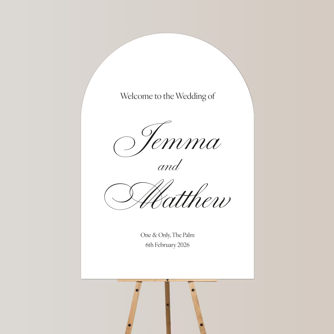 Wedding welcome sign on an easel with elegant black script text inviting guests to the wedding of Jemima and Matthew on February 6, 2026, at One & Only, The Palm.