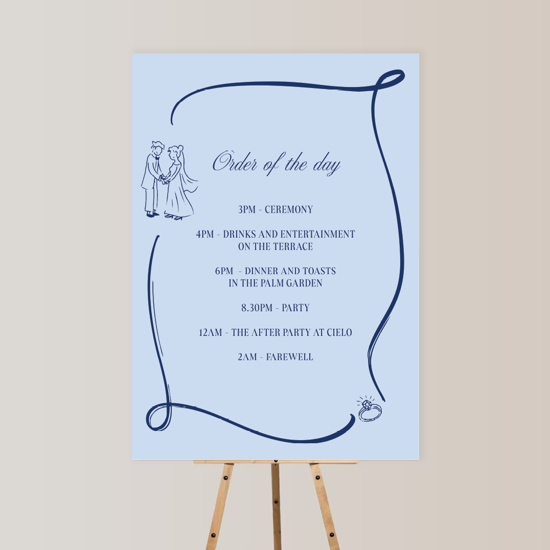 A wedding schedule on a blue poster with a simple line drawing of a bride and groom holding hands, and a ring at the bottom right corner.