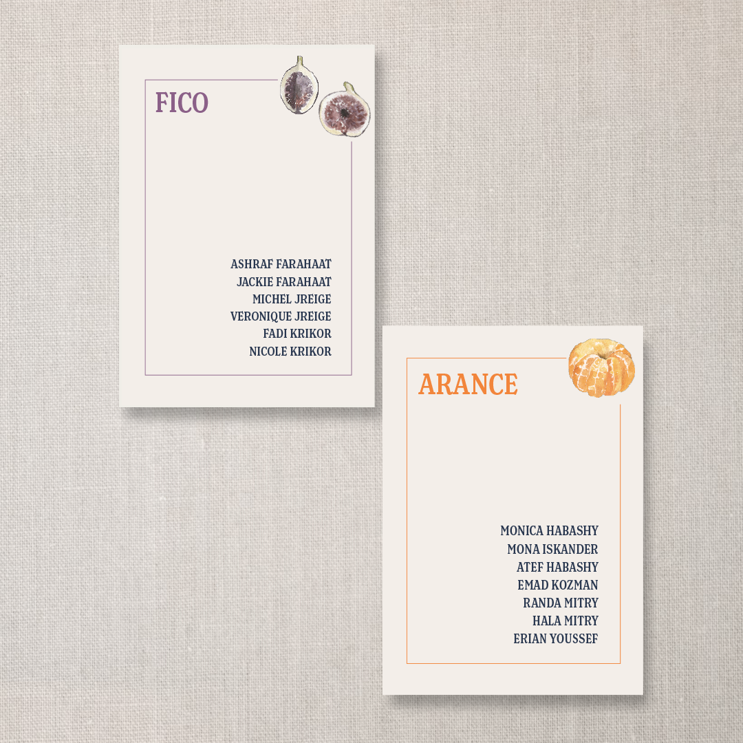Two event programs titled "FICO" and "ARANCE" with illustrations of figs and oranges, respectively. The programs list names of individuals.
