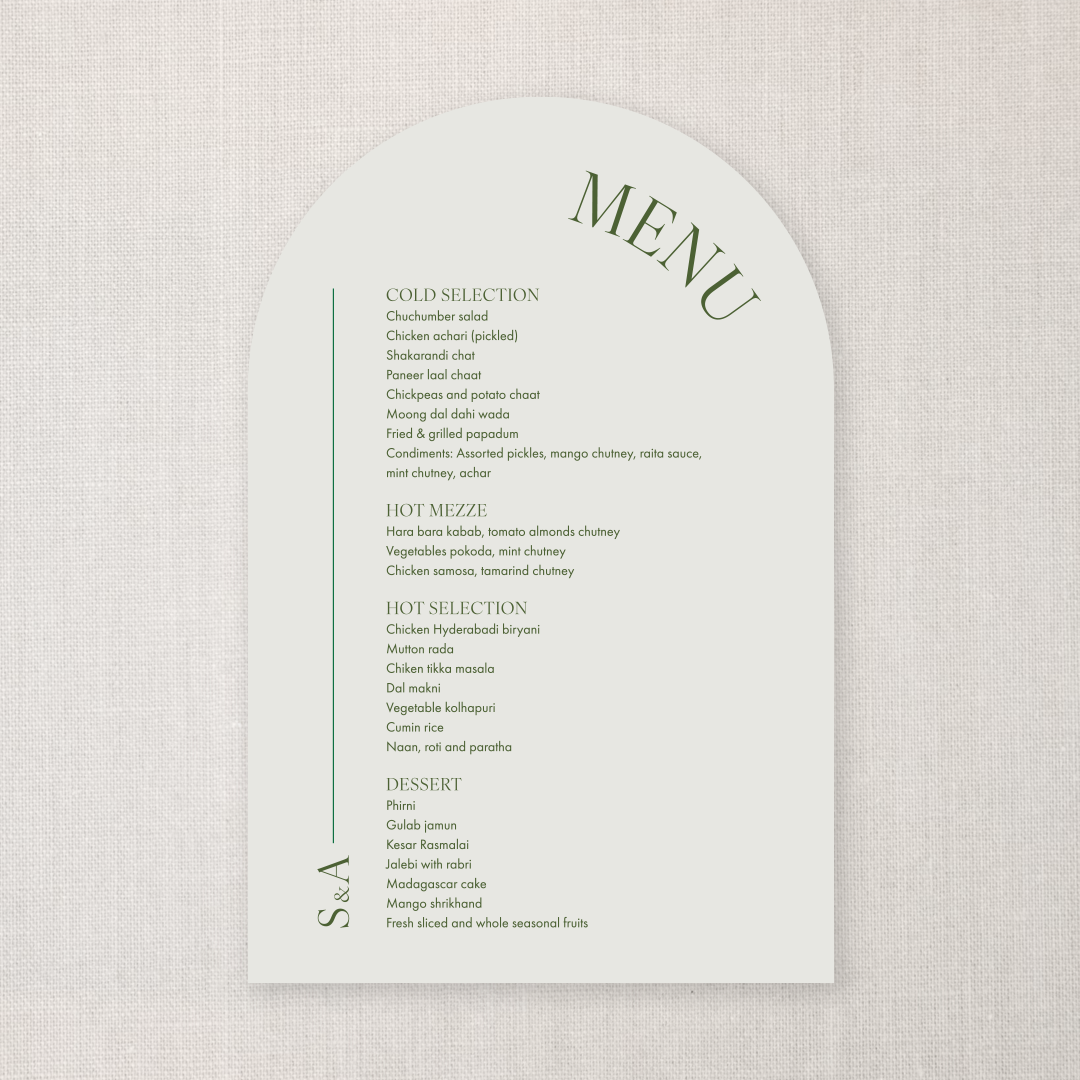 Elegant restaurant menu with green text on a light background, featuring sections for cold selection, hot mezze, hot selection, and desserts, with a vertical 'S & A' at the bottom.