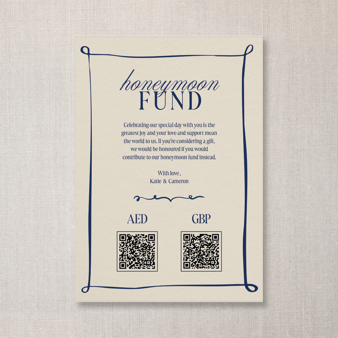 Invitation for a honeymoon fund with QR codes for AED and GBP donations, featuring decorative borders and a message from Katie and Cameron.