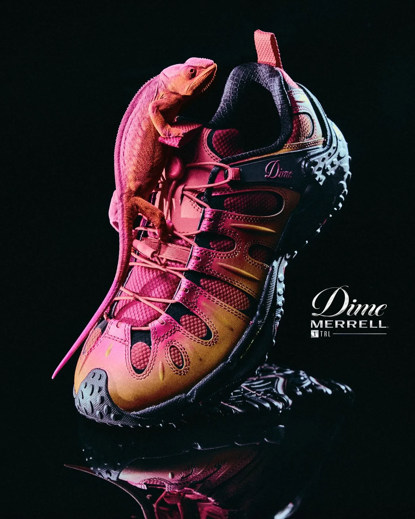 Merrell 1TRL team up with Montreal skate brand Dime. The Canadian outfit makeover the Cham Redux SE in punchy ombre tones. 

The Cham Redux, a reimagining of the archival favourite Chameleon model arrives in two colourways, the more &lsquo;subtle&rsq