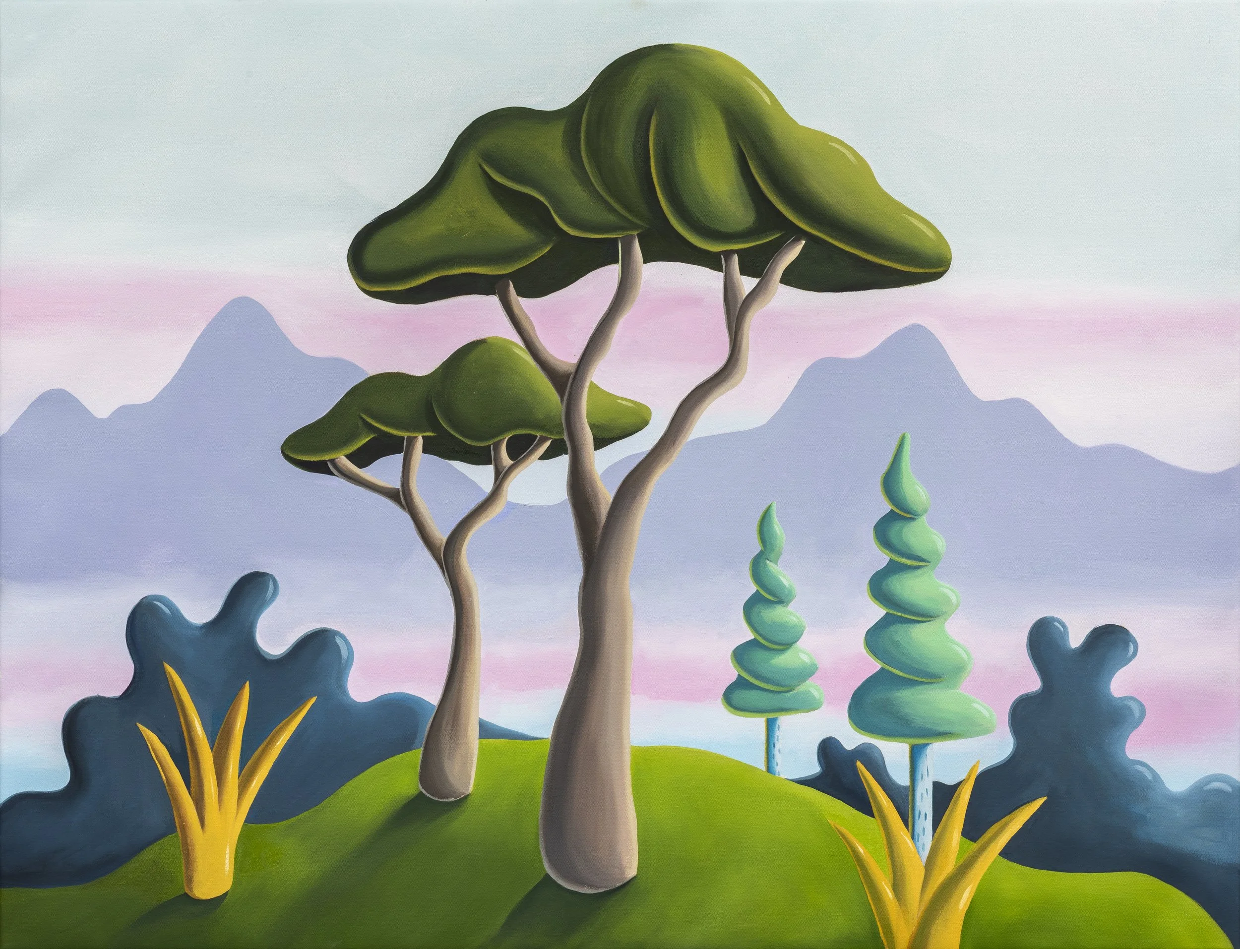 Four Trees with Pink Sky and Yellow Grass