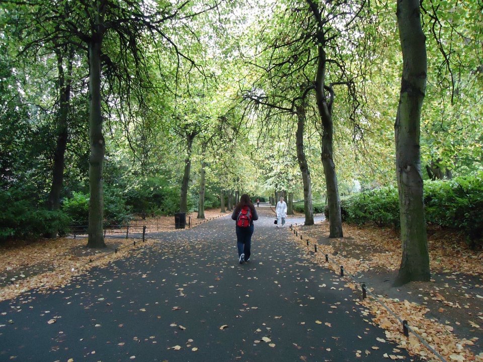 Alt Text: A woman walks away from viewer on a paved path, surrounded by lush greenery. her large bright red backpack is in the center of the frame