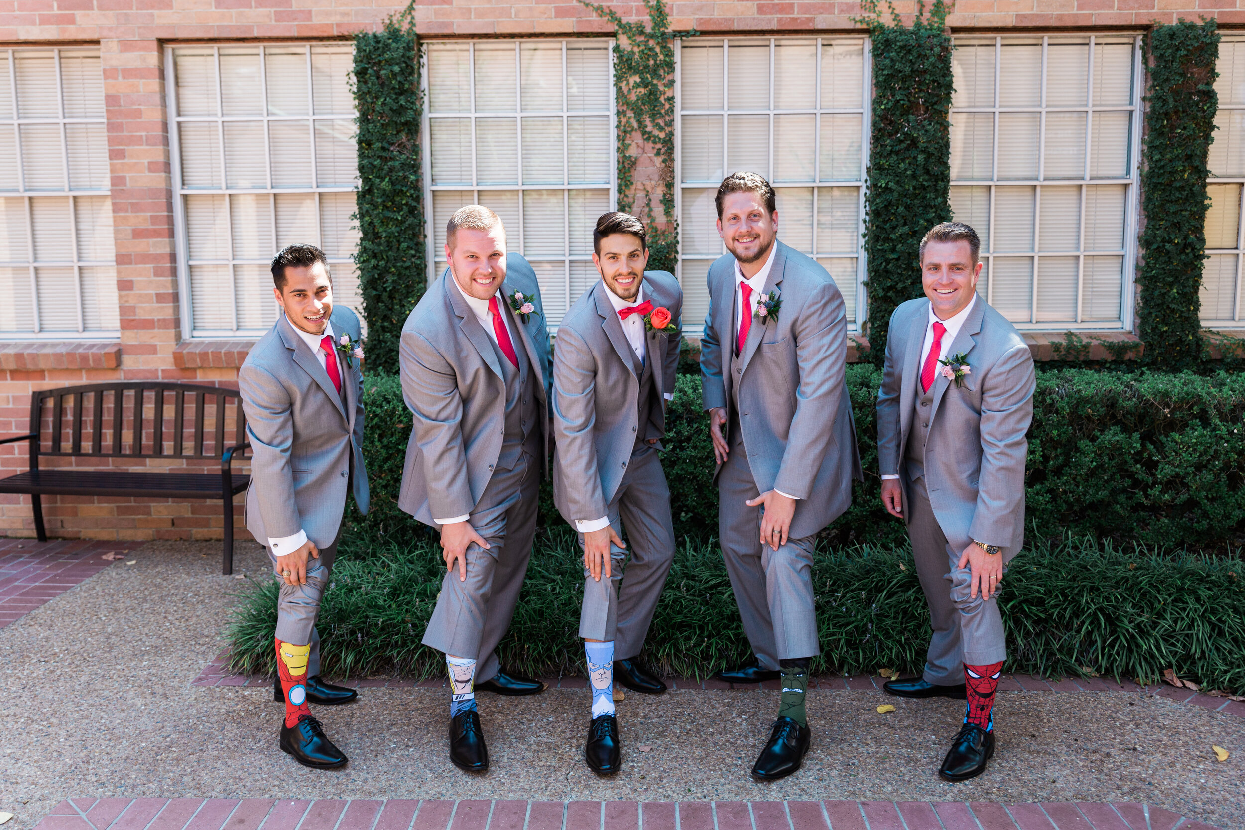 wedding grooms party portrait avengers socks second baptist houston tx
