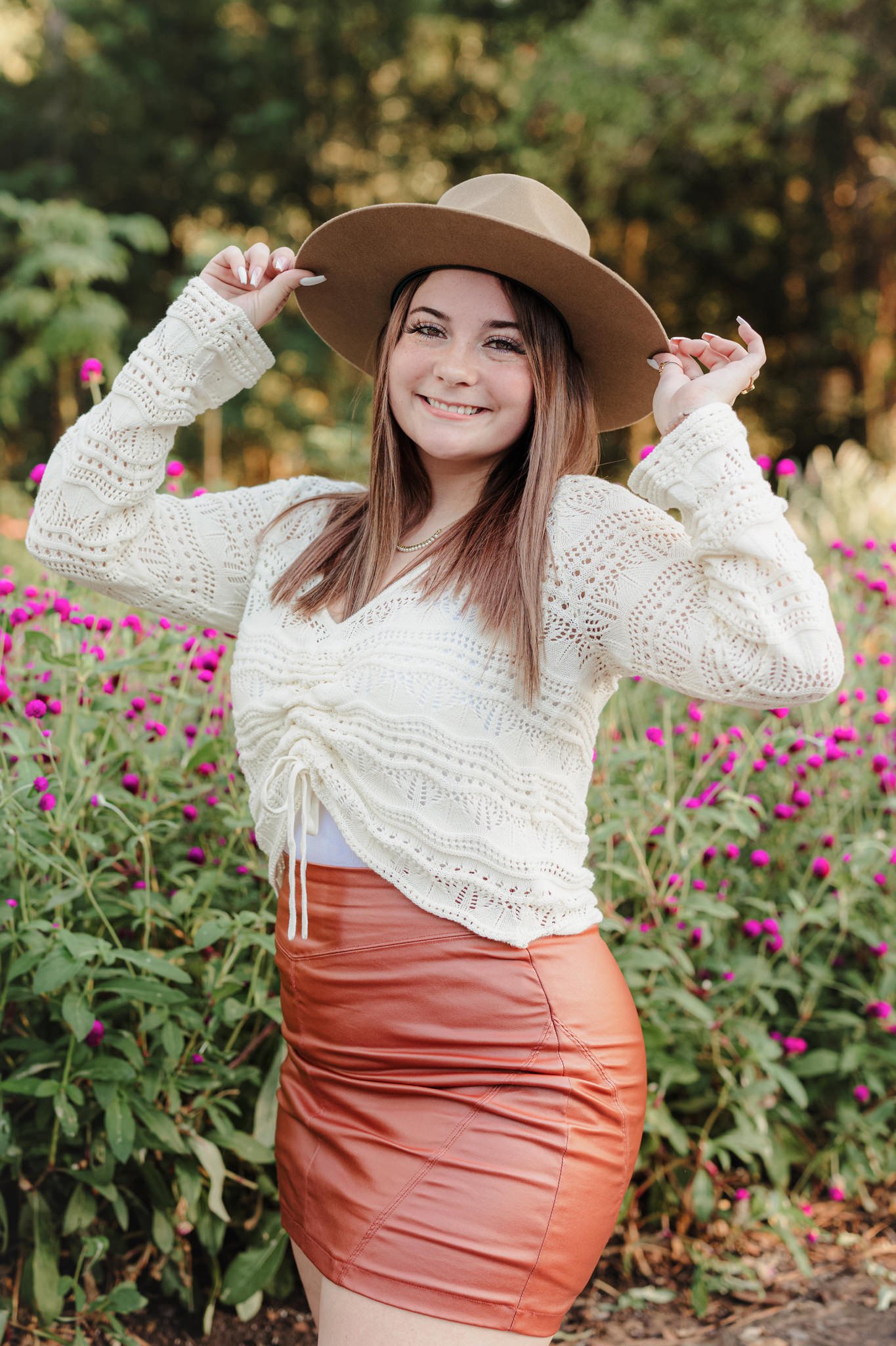 senior portrait hat skirt fall flowers gardens