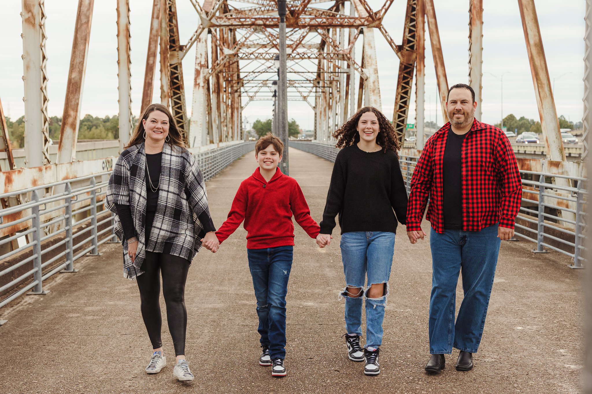 family walking bevil Jarrell bridge