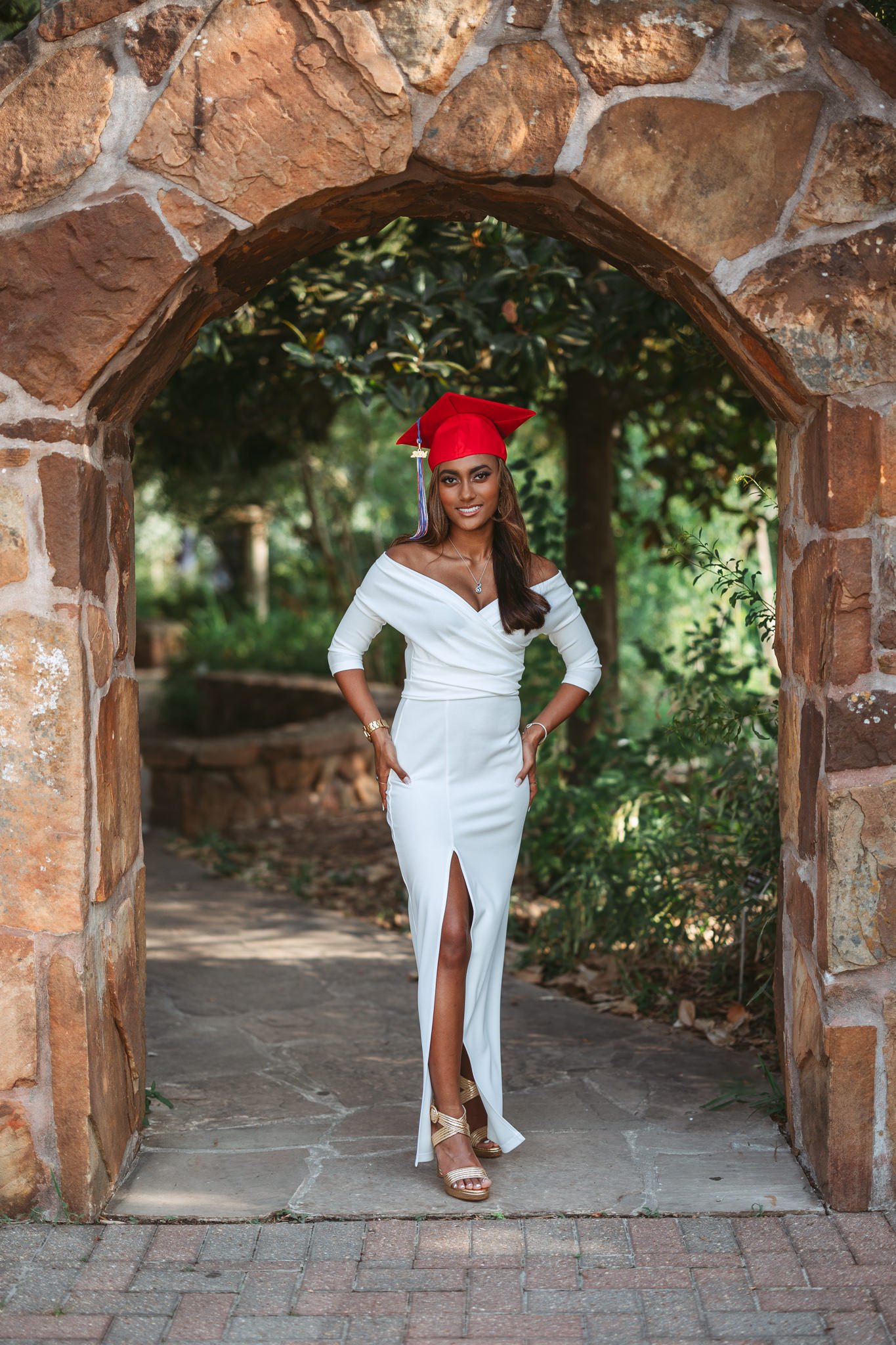senior girl graduation hat gardens outdoors white dress