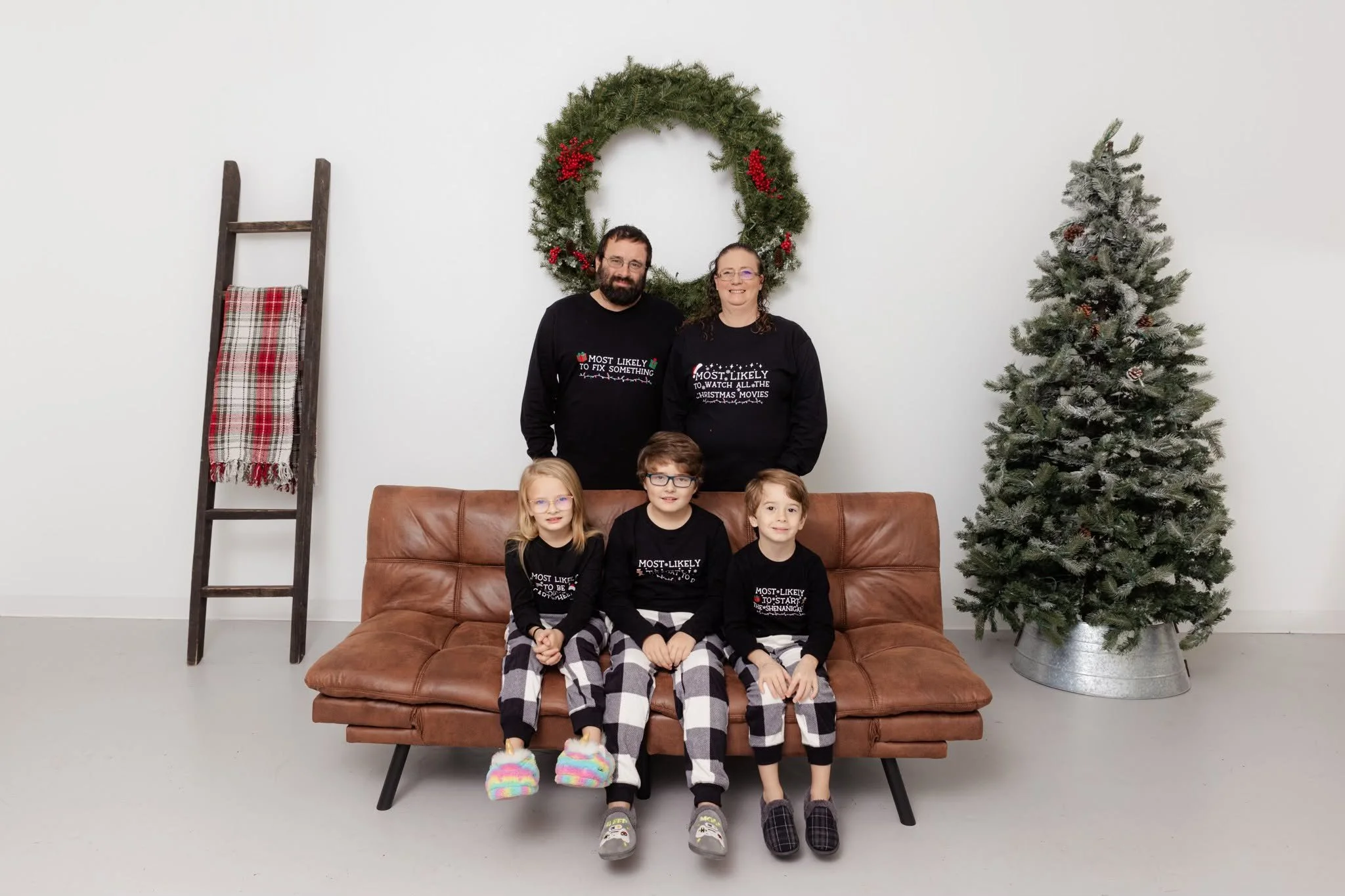 christmas family session matching pajama clever shirts wreath tree