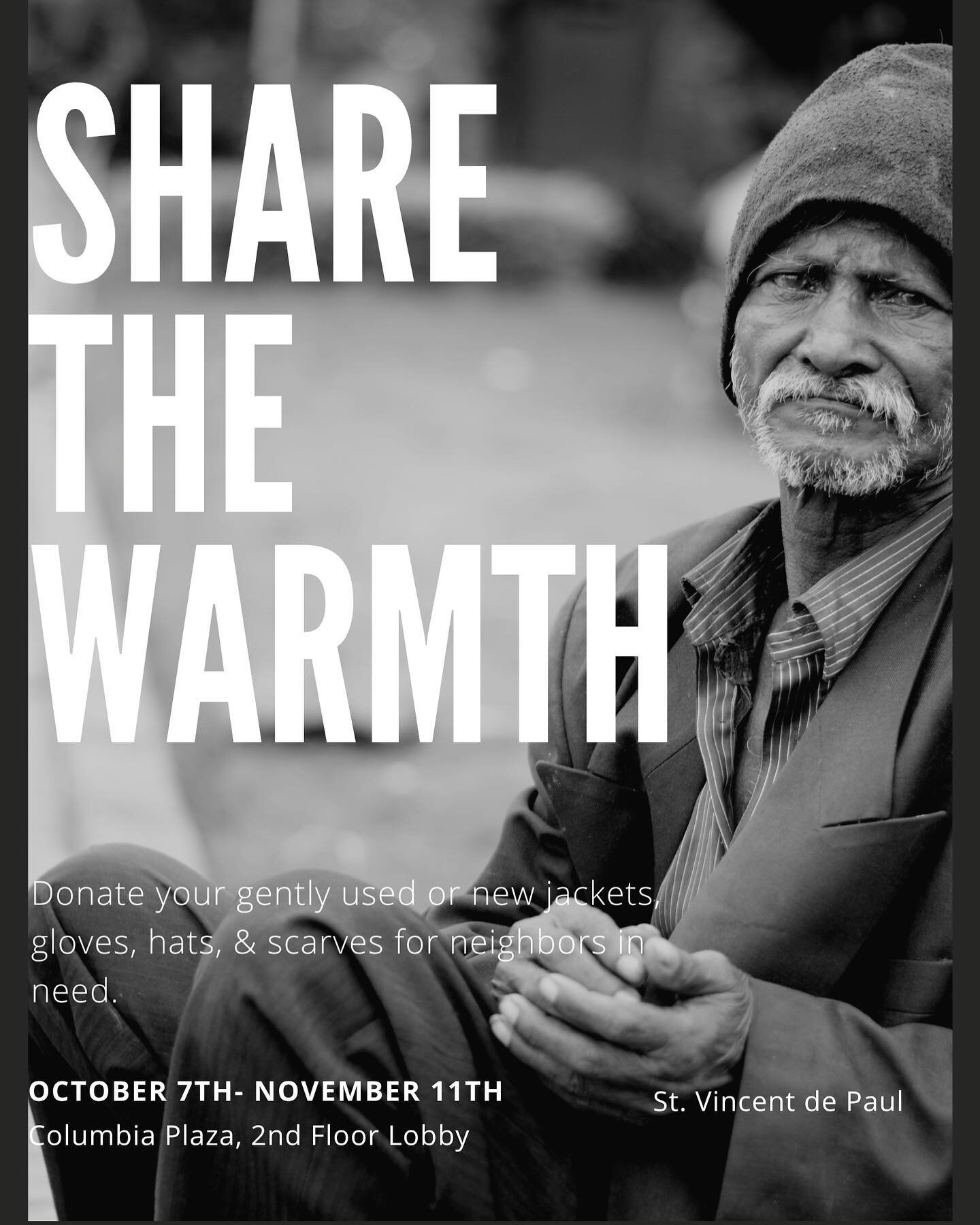 Help our neighbors stay warm this season &amp; donate your gently used or new coats, hats, gloves &amp; scarves! 🧤

#donate #sharethewarmth #coatdrive #winter #coldseason #columbiaplaza #cincinnati #stvincentdepaul #community #engagement