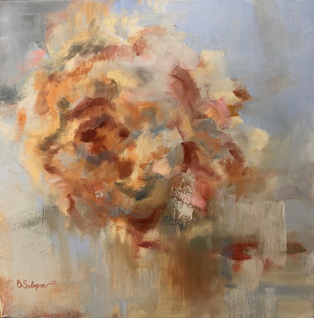   I love it when roses open to giant blooms and the pedals have just started to droop.   Oil on Gallery Wrap/20x20/Sold 