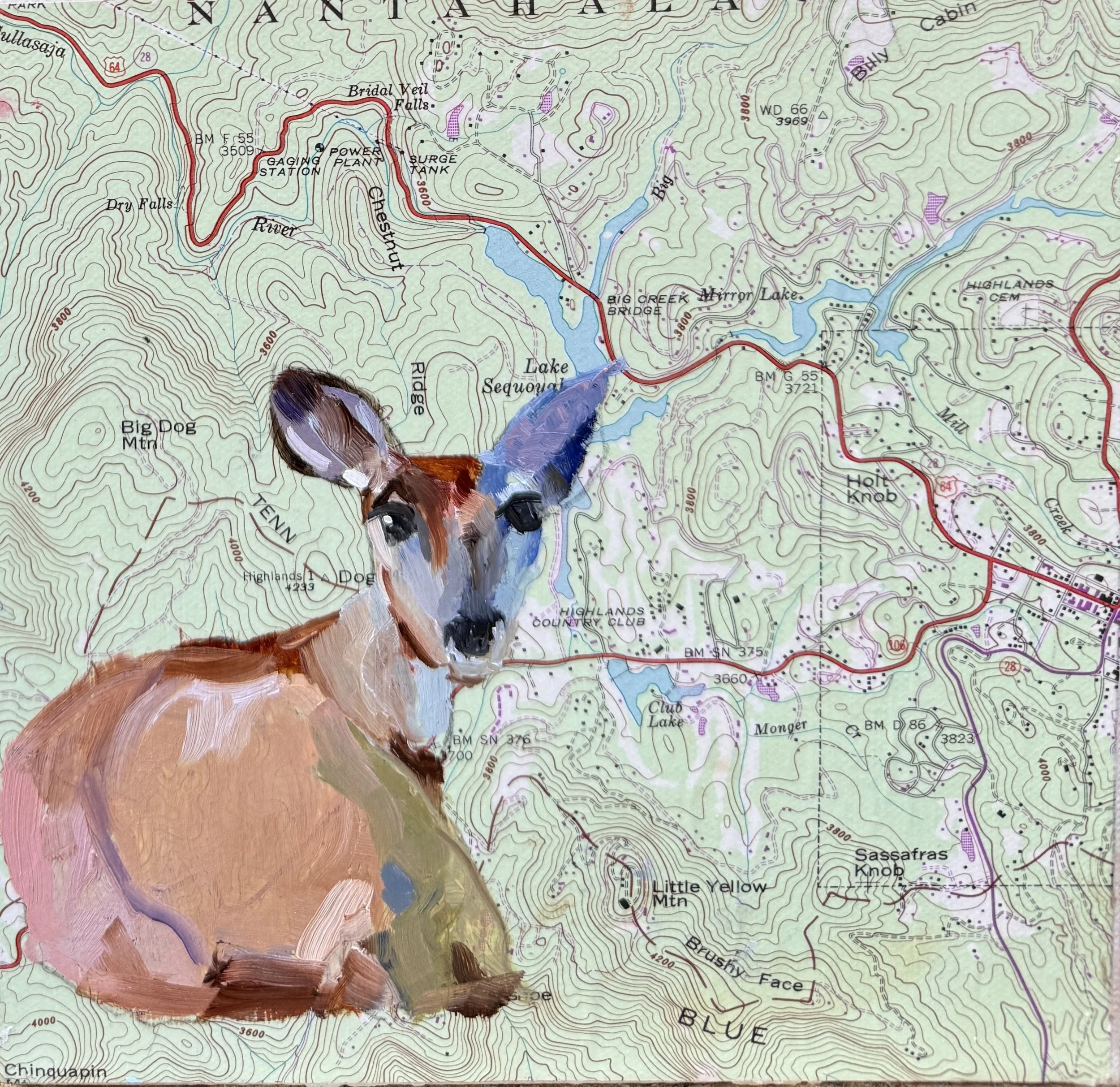  Mixed Media Vintage Map on Cradeled Wood / 8 × 8 in /  $160 in the Shop    This artwork along with other pieces can be purchased during the Cashiers Designer Showhouse Shops at Village Green 8/22 - 8/30. 