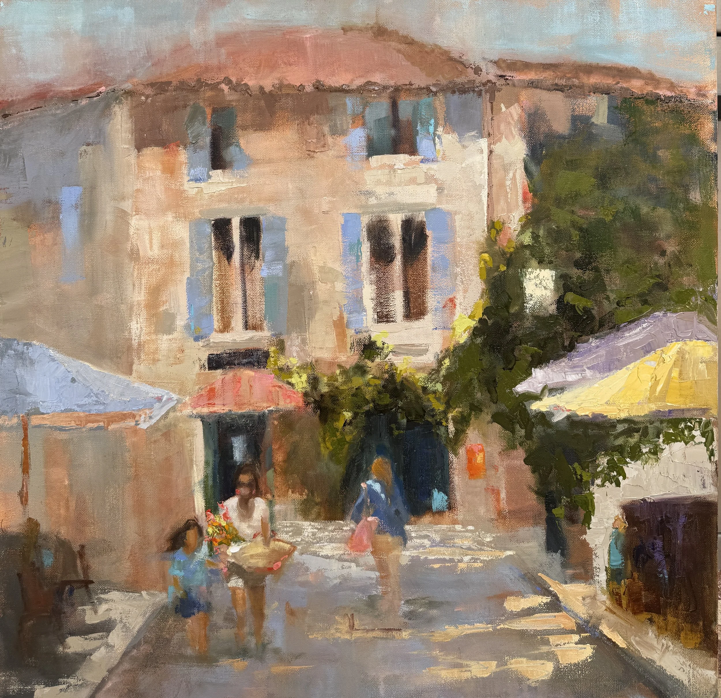  Oil on Canvas/ 24 × 24 in/  SOLD   I painted this piece as an invitation - into a place I long to step inside. A life lived a little slower, where sunlight lingers on clay walls and time seems willing to wait.  The lavender-blue shutters and warm te