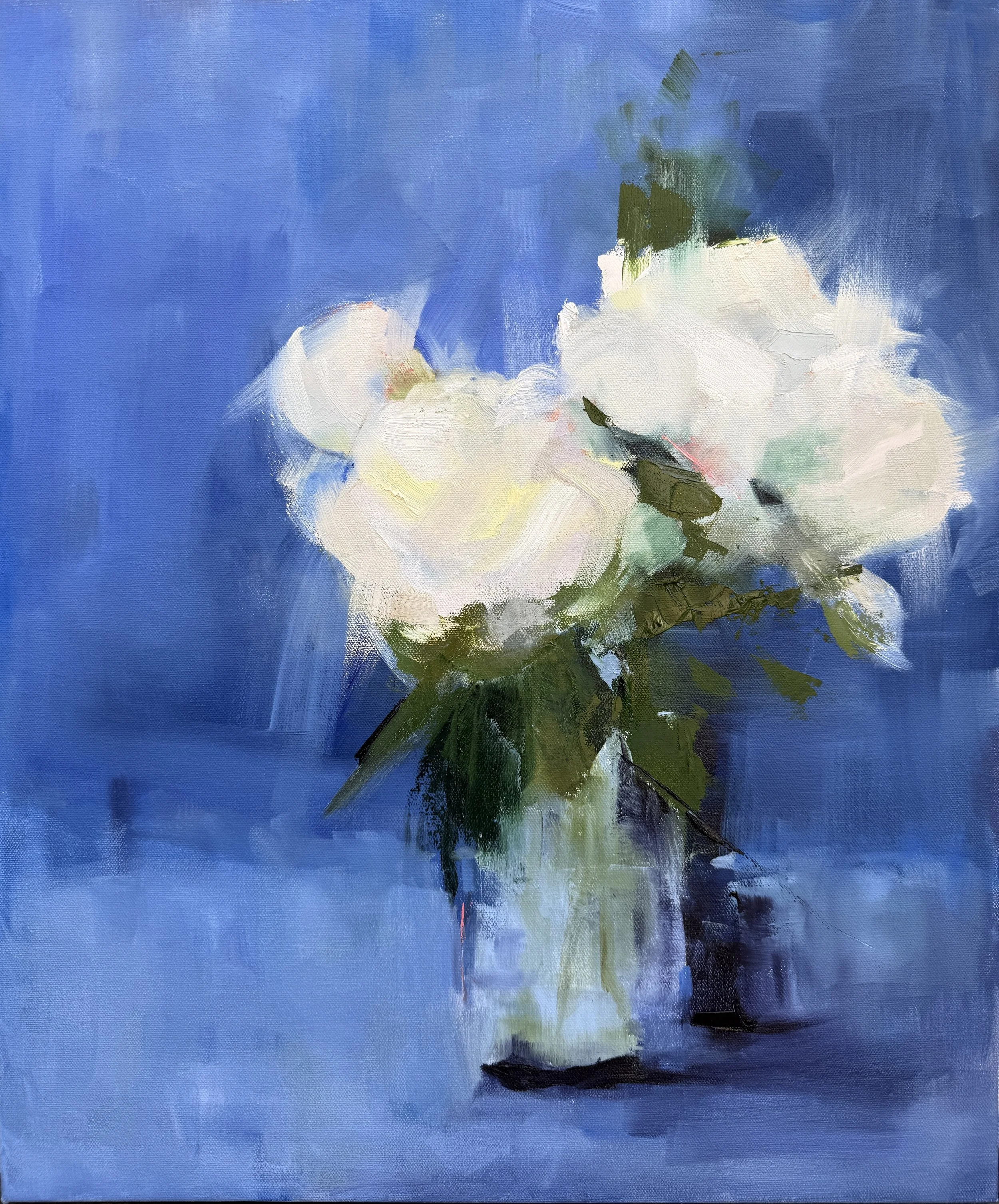  Oil on Canvas/ 24 × 20 in/  $1100    Three white peonies on a bold blue background- not exactly a setting that lets anything hide.  I’ve always found flowers a little elusive to paint…their softness, their movement, the way the light just slips thro