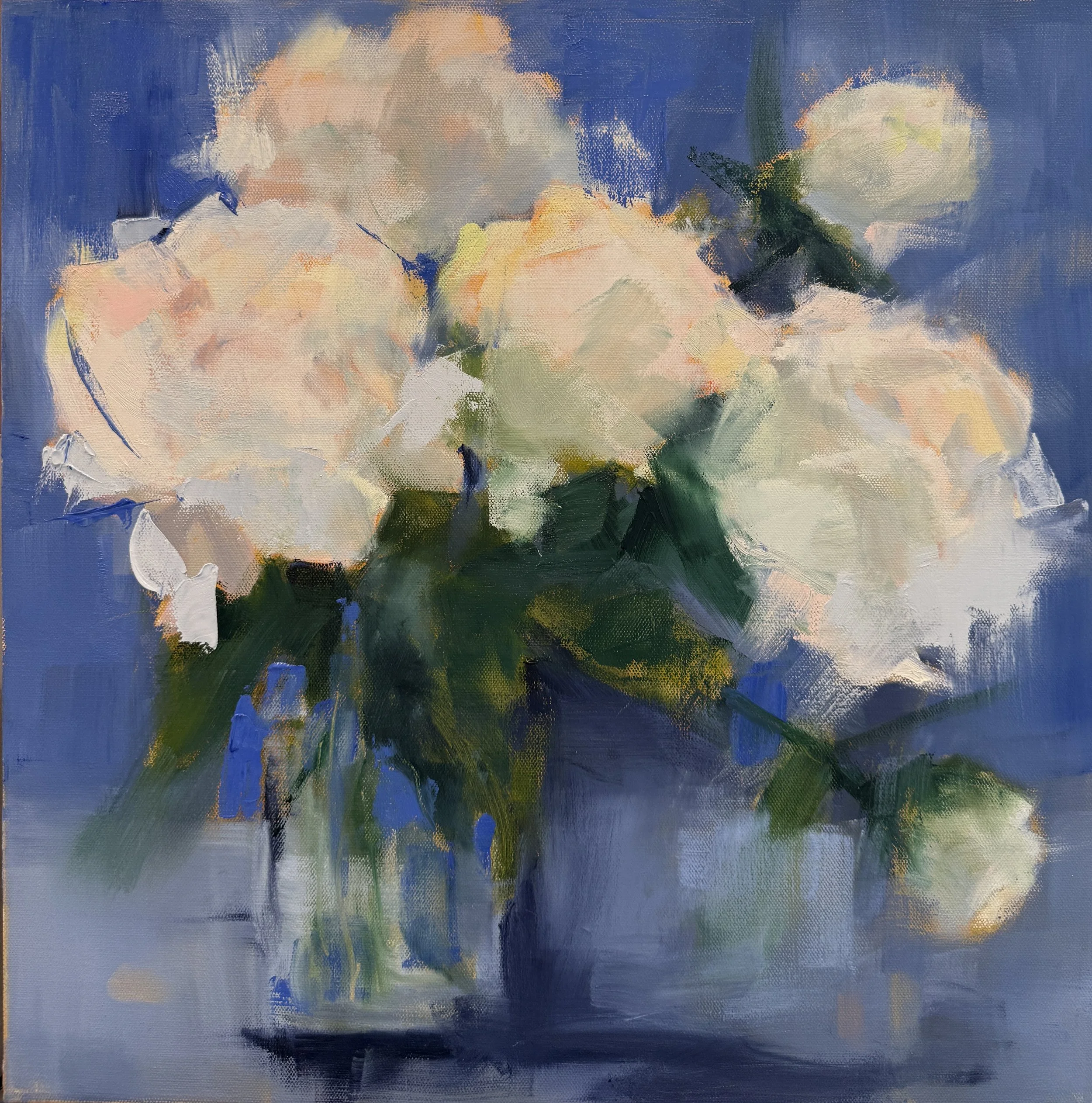  Oil on Canvas/ 20 × 20 in /  $900   Every year I forget how quickly peonies come and go.  One minute they’re tight, secretive buds, and the next, unapologetically full.  This was the last bouquet from my peony patch. I could feel the clock on them s