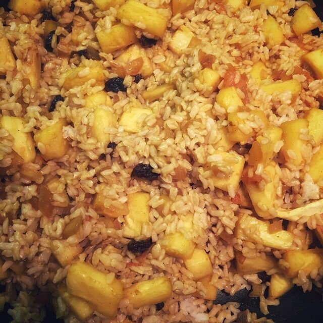 Pineapple Rice - Nothing better than fresh pineapple! Cut up a whole pineapple and an onion. Saut&eacute; in a little bit of water. Add 2T of soy sauce, 2T of Bragg&rsquo;s, a tomato, some raisins, 1t curry, 1/2 t turmeric and stir until heated. Add 