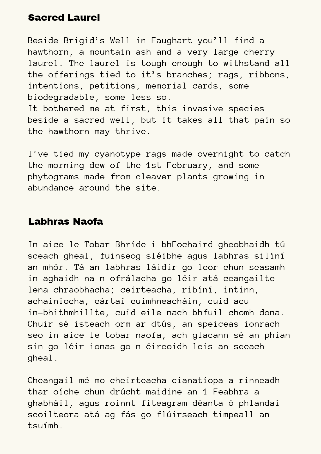 An image of a page with the titles "Sacred Laurel" and "Labhras Naofa." The text describes the significance of a spiritual sacred laurel plant and a Gaelic poem or description related to Labhras Naofa.