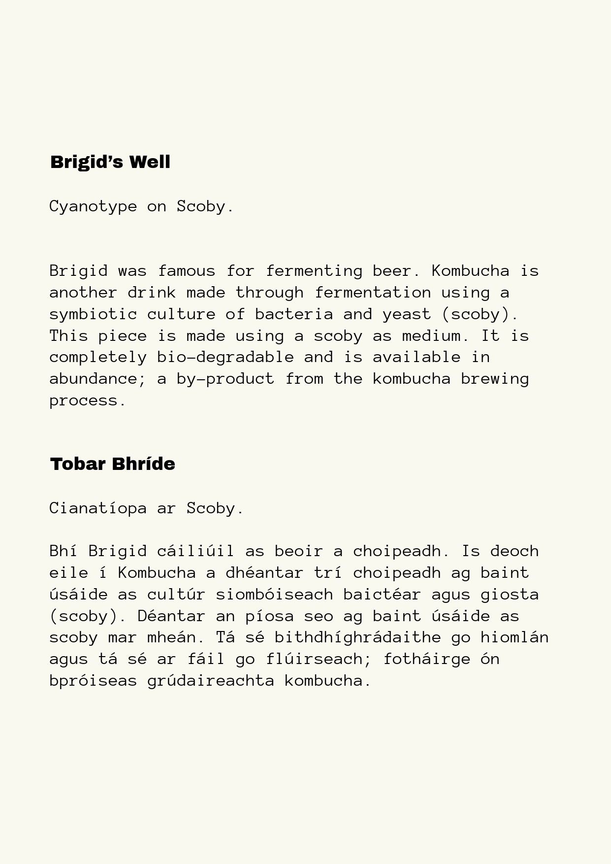 Text about Brigid's Well and Tobar Bhríde, describing the use of cyanotype on scoby, a microorganism used in fermentation and kombucha production, written in English and Irish.