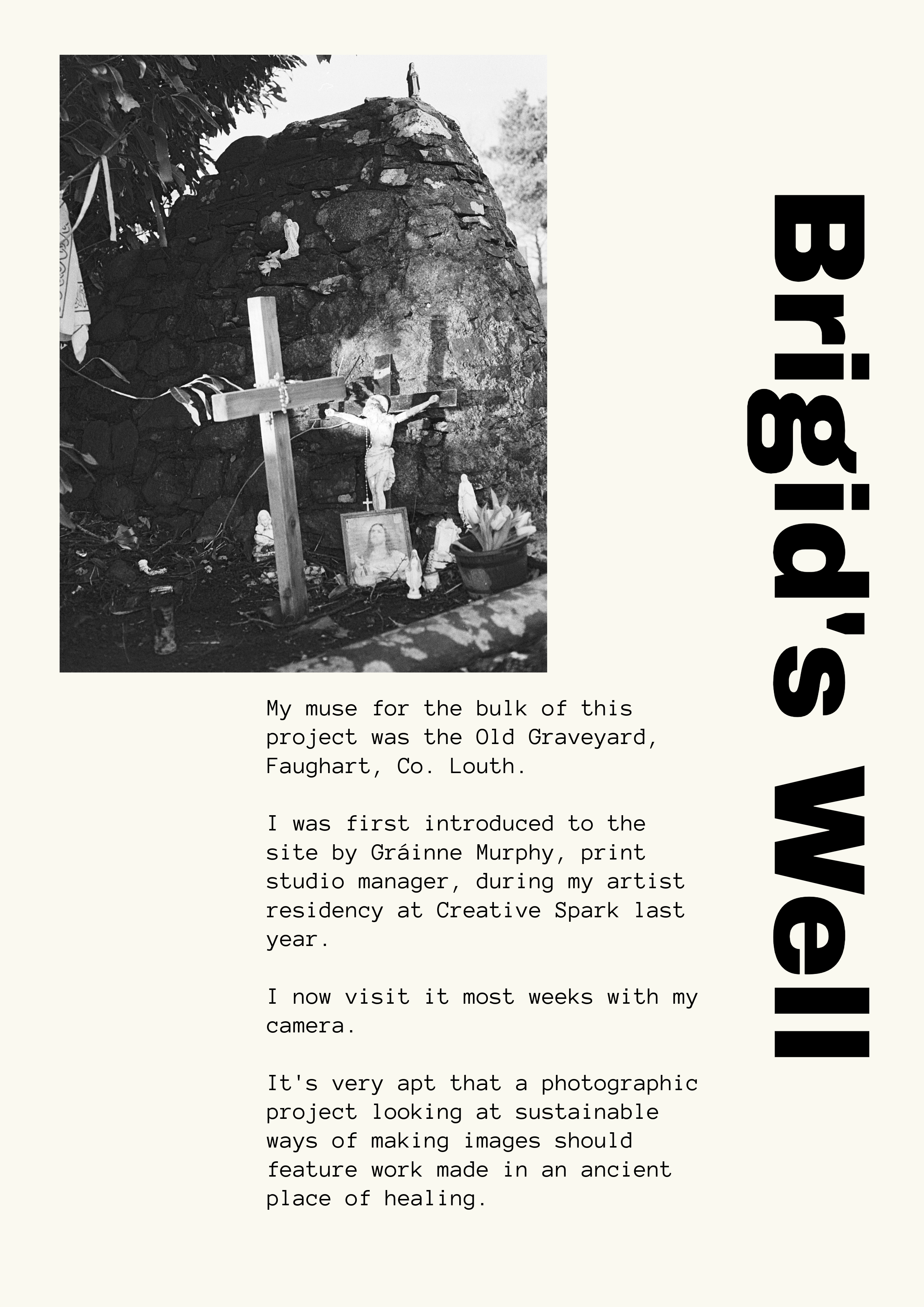 Black and white photograph of a small outdoor shrine with a crucifix, an image of Jesus, and various statues, set against a large rock.

Text on the side and below describes a project about the Old Graveyard in Faughart, County Louth, and the visit's significance.
