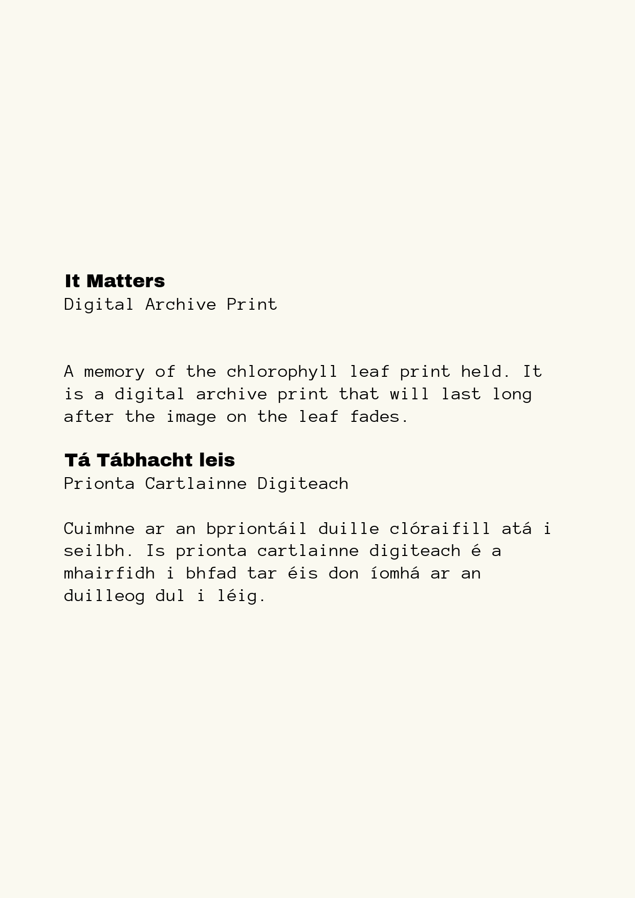 Image of a printed page with text in English and Irish, discussing digital archive prints of chlorophyll leaf prints and their lasting significance.