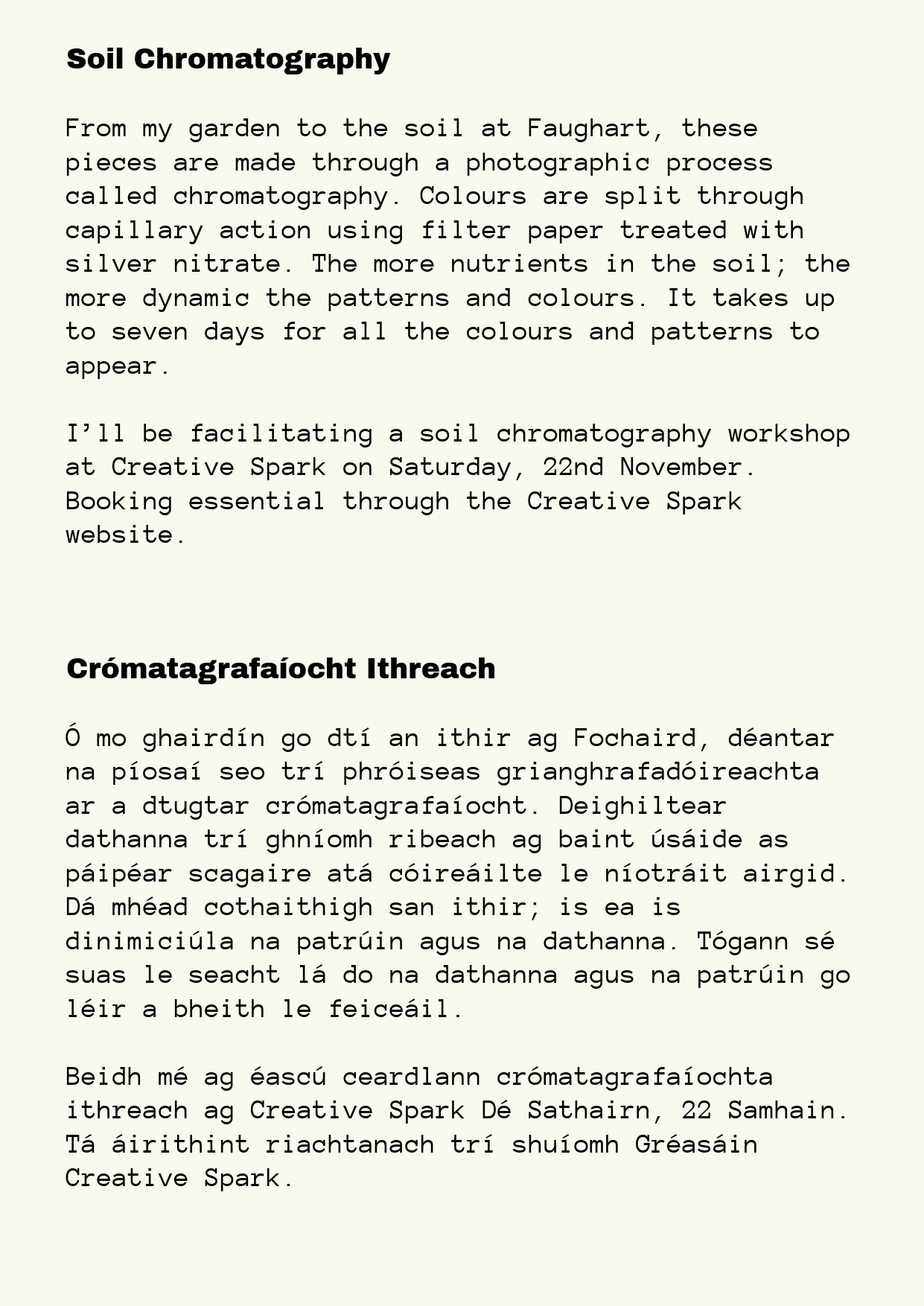 Informational poster about soil chromatography process with text in English and Irish.