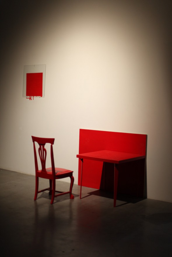 Pure Cadmium Red, Medium – Bath; table, chair, oil on canvas, oil painting on wall with resin on glass overlay; dimensions variable