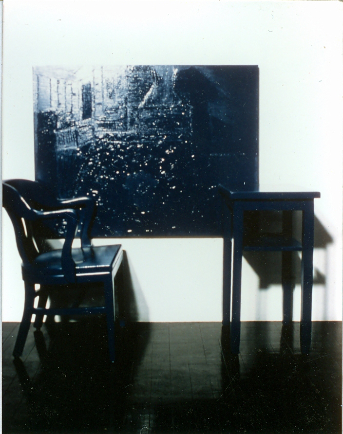 Cobalt Blue, Hue Deep - Stable; table, chair, oil on canvas, oil painting on wall with resin on glass overlay; dimensions variable (original installation photograph)