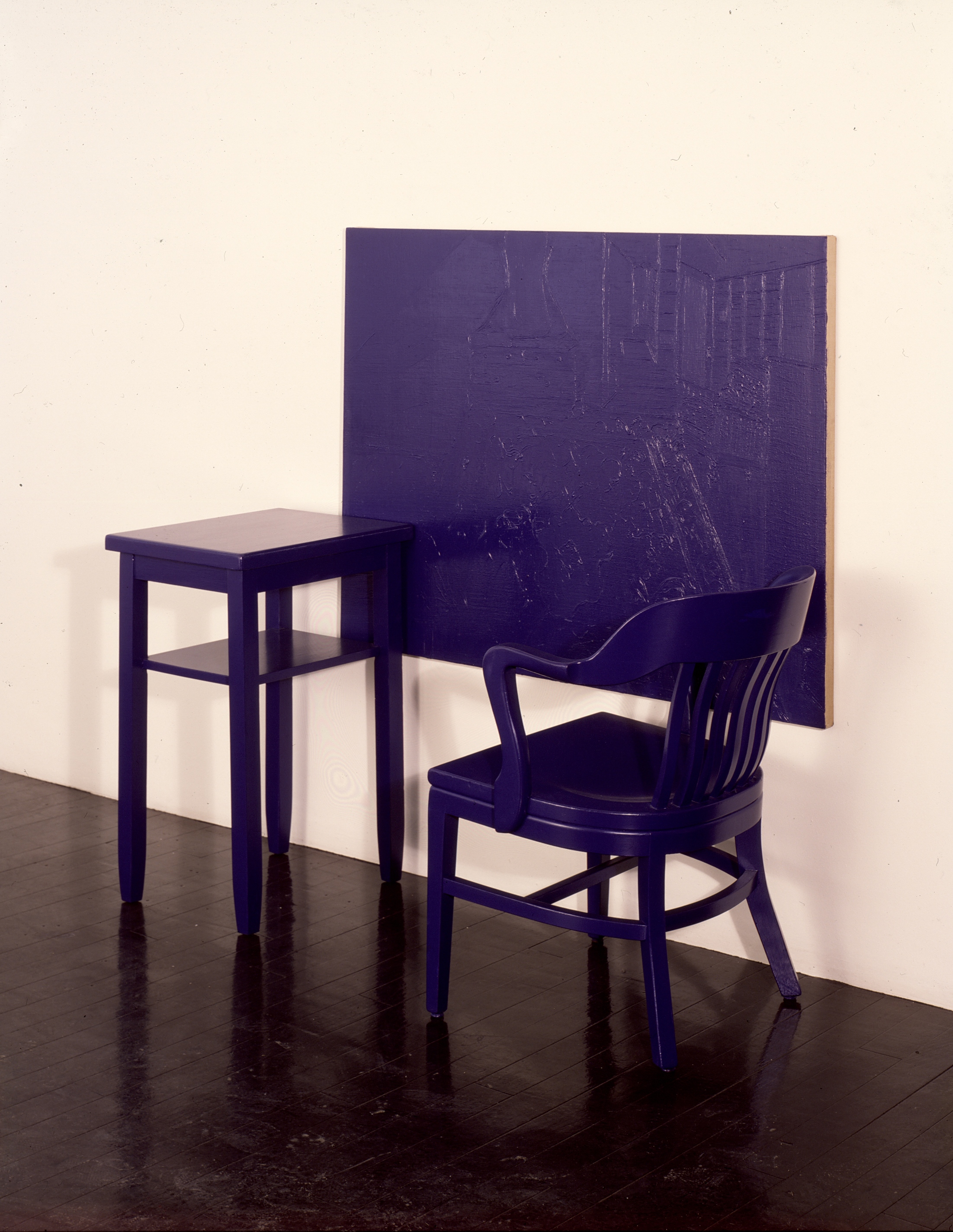 Cobalt Blue, Hue Deep - Stable; table, chair, oil on canvas, oil painting on wall with resin on glass overlay; dimensions variable