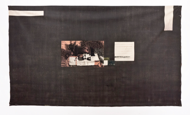 The Family Museum in Niepces’ Repast; dry pigment sanded canvas with Oil and printed image; 134 ½ x 78 ½”