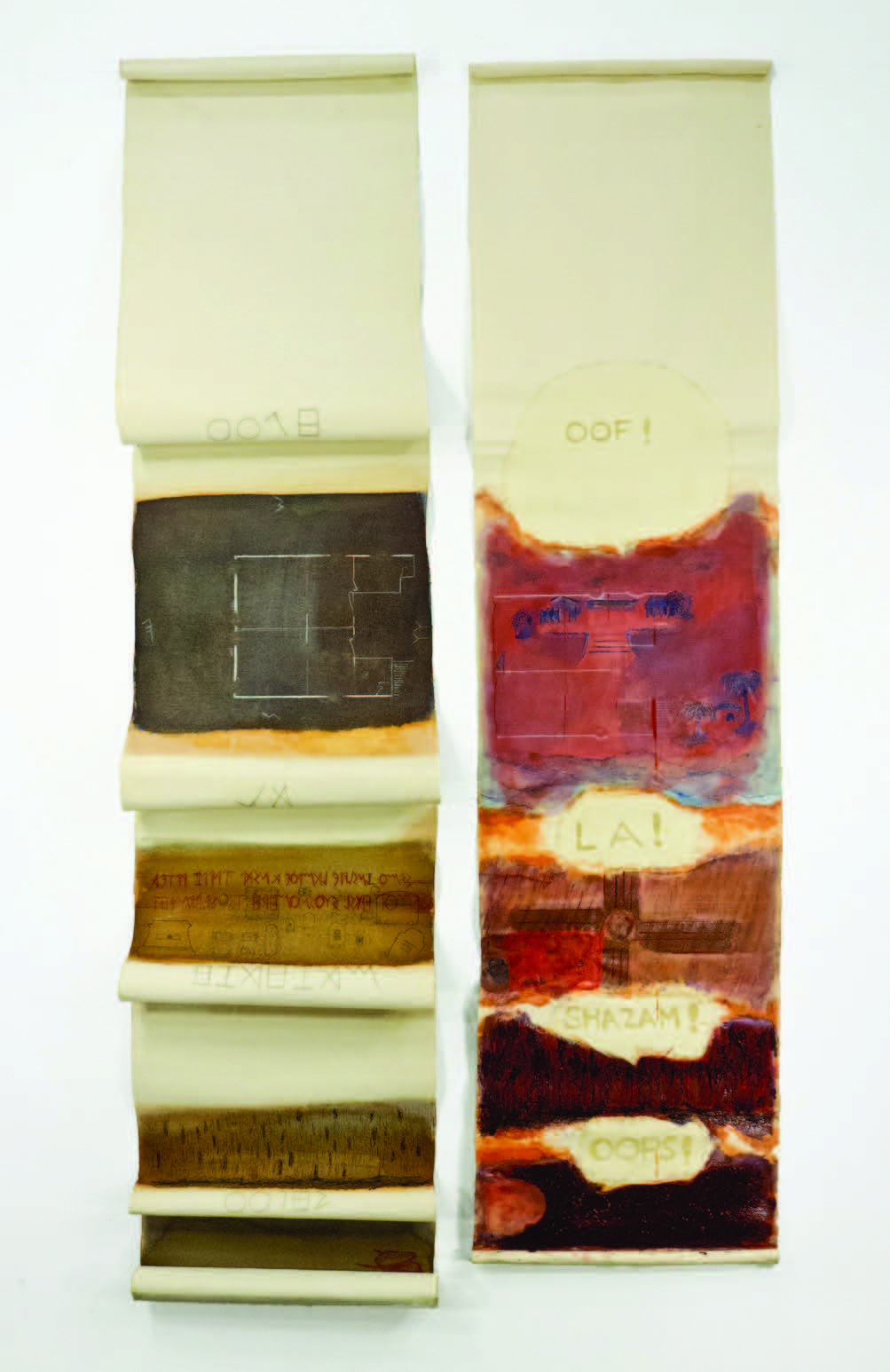 Scrolls 3 & 4; Gesso and oil or acrylic on canvas, 83x20” and 80x20”