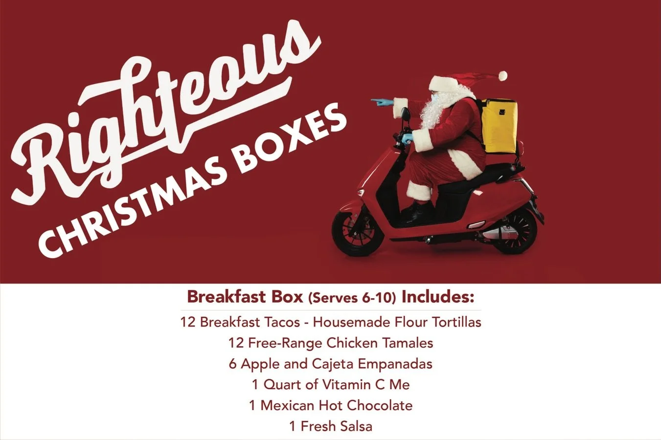 🎅🏼✨ Santa&rsquo;s Got Breakfast Covered! 

Let Us Take Care Of Christmas Morning With Our Righteous Christmas Boxes 🎁

Perfect For Hosting!
Filled With Comforting, Made In House Favorites 🌮🥧

📅 Orders Close December 19th
Message Or Call Us Toda