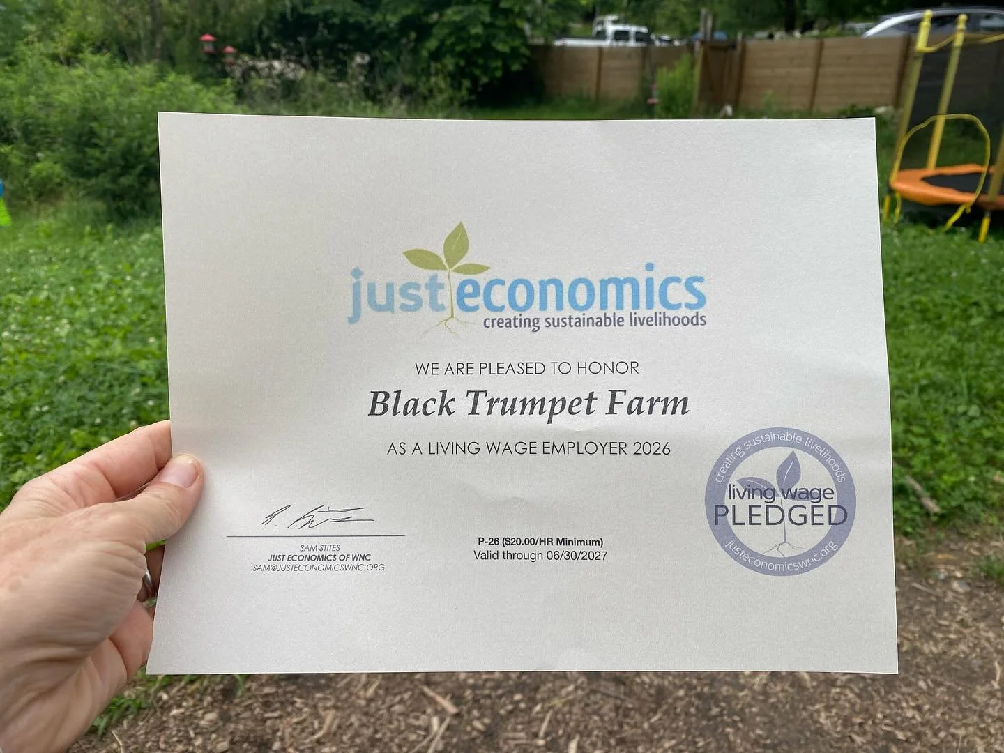 Black Trumpet Farm is proud to be a Pledged Living Wage employer through Just Economics of Western NC.

Just Economics calculates the actual cost of living in our region &mdash; housing, food, healthcare, transportation, childcare &mdash; and sets a 
