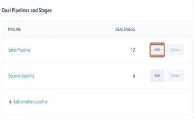 Figure 3: What you should see when you go to edit your deal stages. When you navigate to your settings, clicks sales from the menu, and then click deals in the menu. You will then click edit to an pipeline in order to make changes.