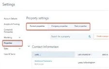 Figure 2: What you should see when you create custom properties. When you navigate to settings and click properties, you can click contact properties, company properties, or deal properties in order to customize your selections.