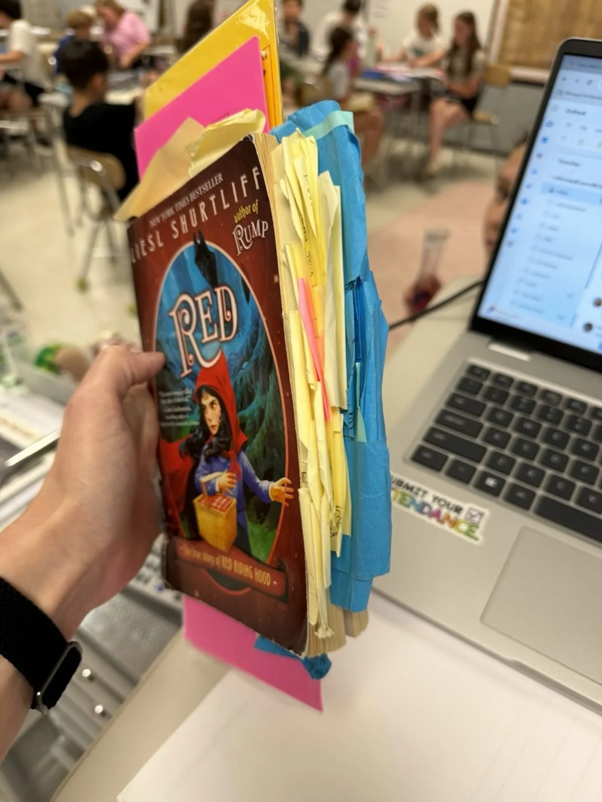 A teacher who has been reading my books with her students for several years (at least 8!) shared this photo of her copy of RED stuffed with notes. I think she might know my books better than me now! I should also probably send her a backup copy for w