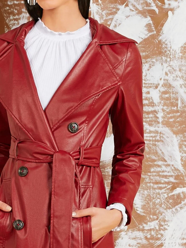 Notch Collar Double Breasted PU Coat