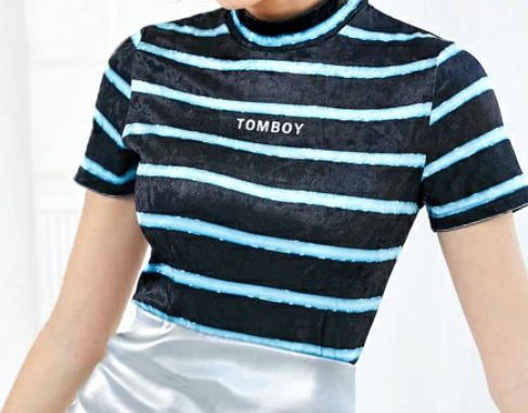 Mock Neck Letter Graphic Striped Velvet Top