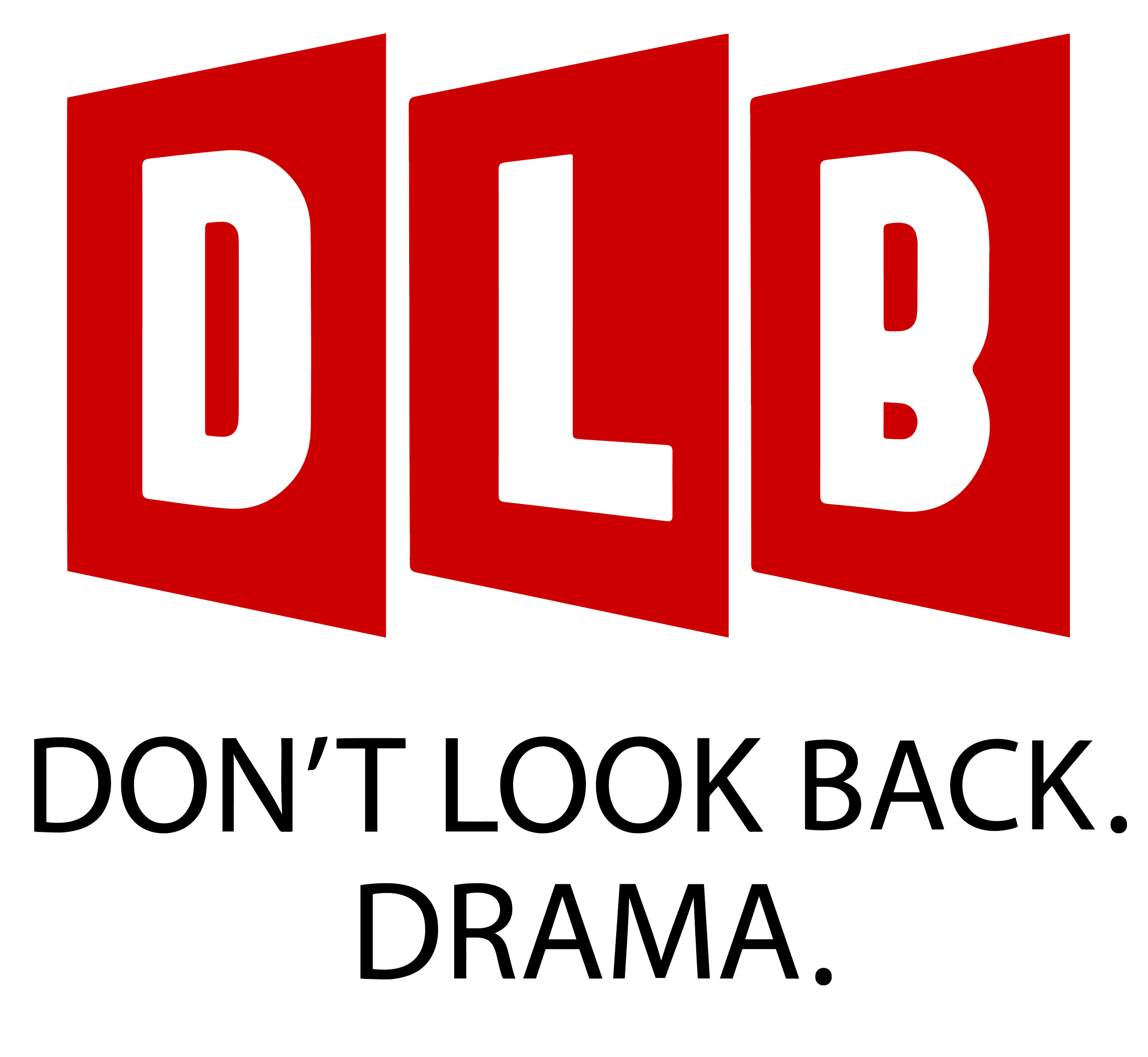 Bold red and black 3D letters spelling 'DLB' with the phrase 'Don't look back. Drama.' beneath.