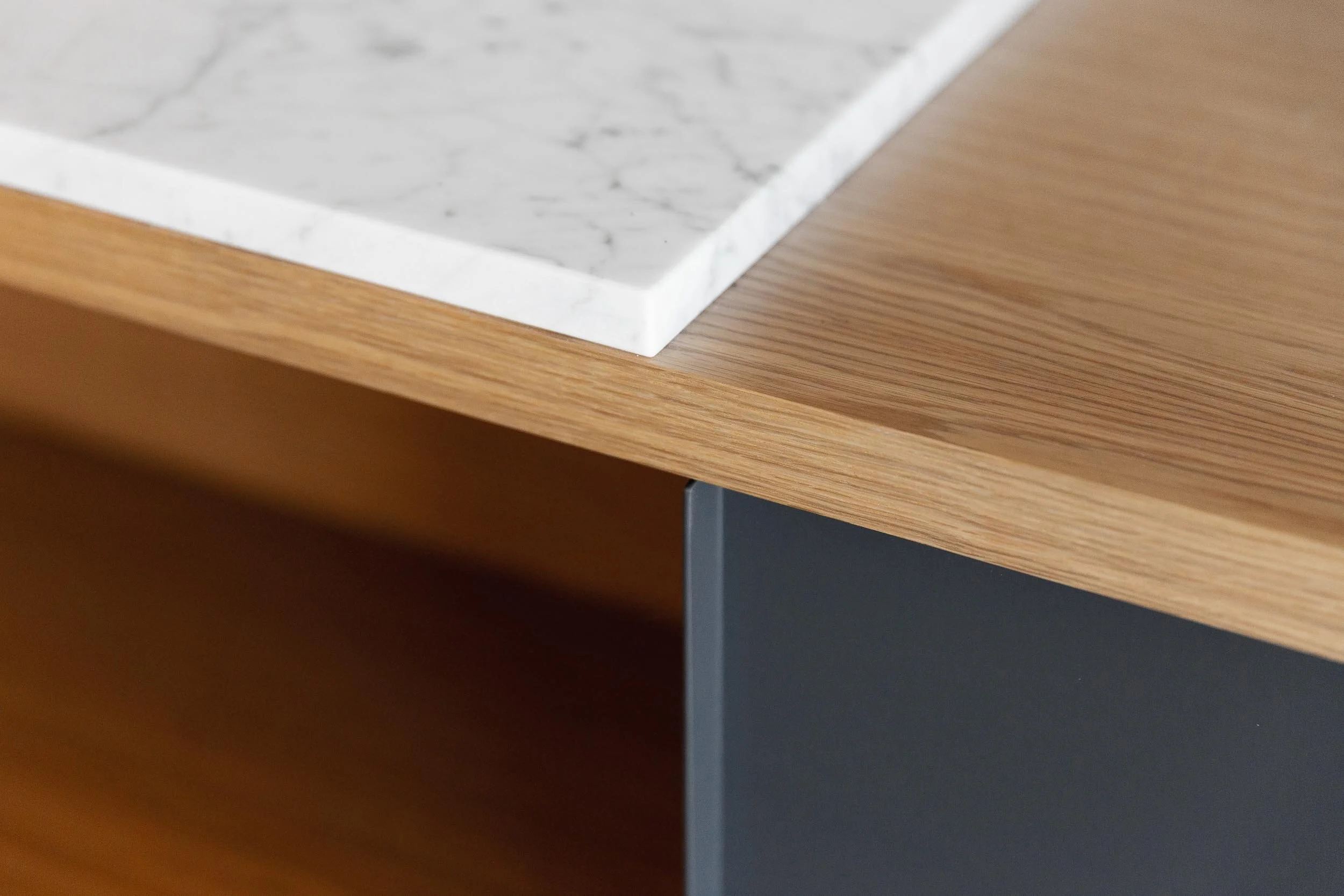 Oak, marble and painted metal