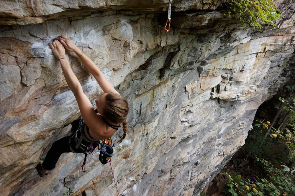 Britta Hardel climbing at Little River Canyon's Grey Wall. Photo by Elaine Elliott.