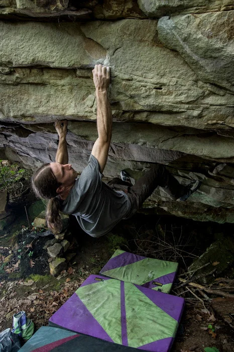 Drew Mayo climbing Stinger . Photo by Micah Gentry.