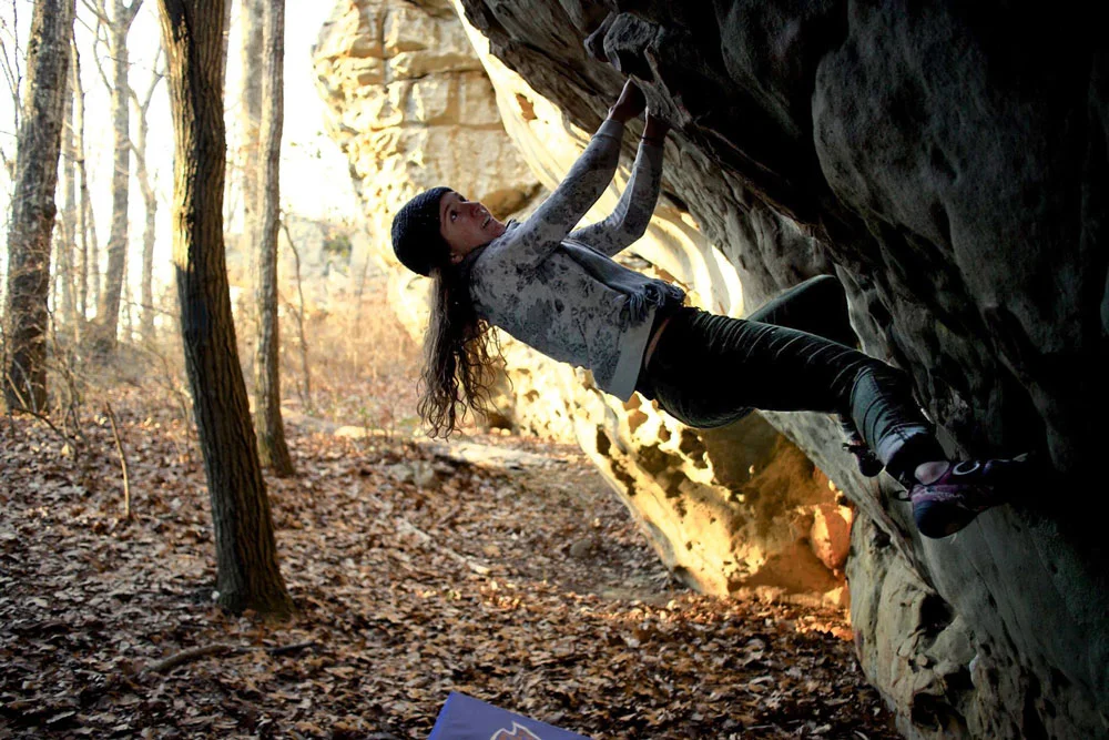 Climbing through the beginning moves of Touchin' Cotton at Rocktown. Photo by Sarah Anne Perry.