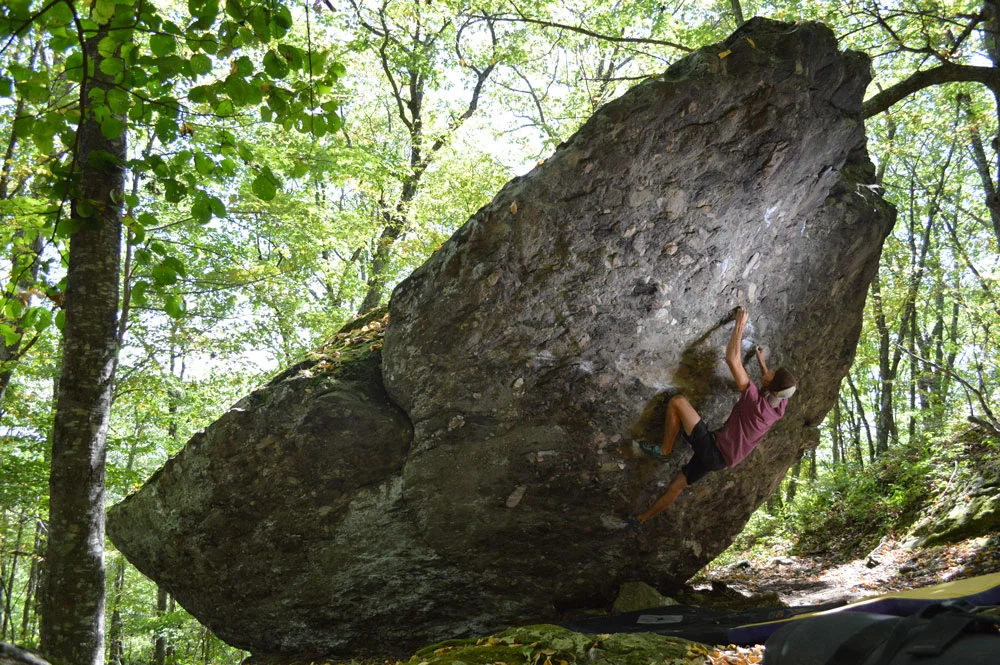 Hidden beneath thick vegetation in the Virginia mountains, the Grayson Highlands AVP Boulders are perfect for summer bouldering sessions. Photo by Aaron Parlier.