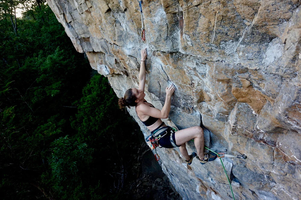 The author climbing Flash Fried at Denny Cove’s Buffet Wall. Photo by Sarah Anne Perry.